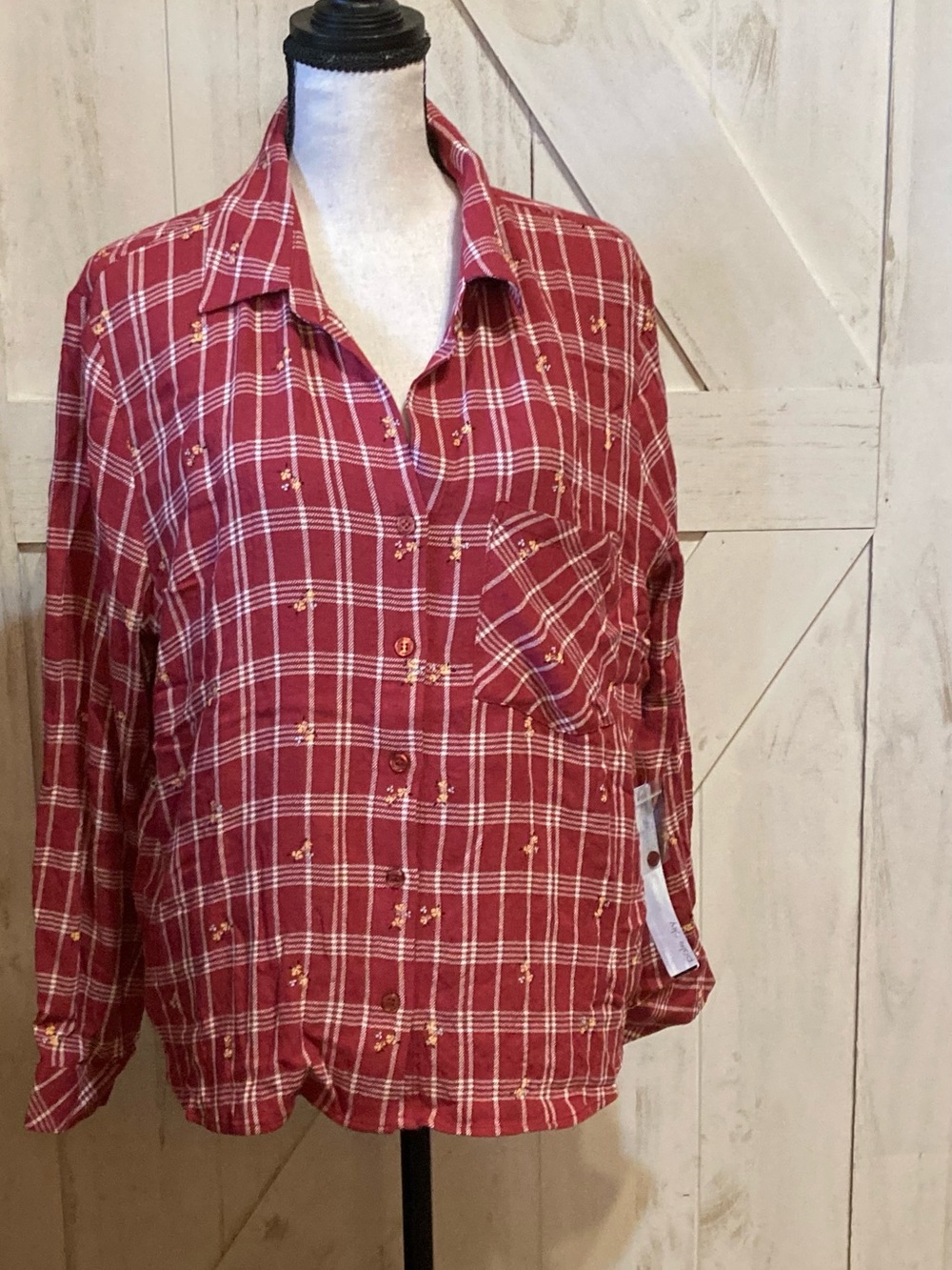 Womens Red Plaid Button-Down Shirt with Subtle Embroidery